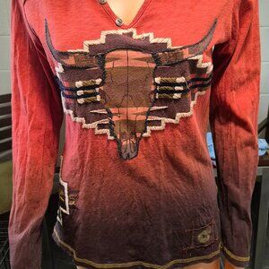 Double D Ranch, long sleeve T-shirt . Burnt Orange fades to brown. Size: M